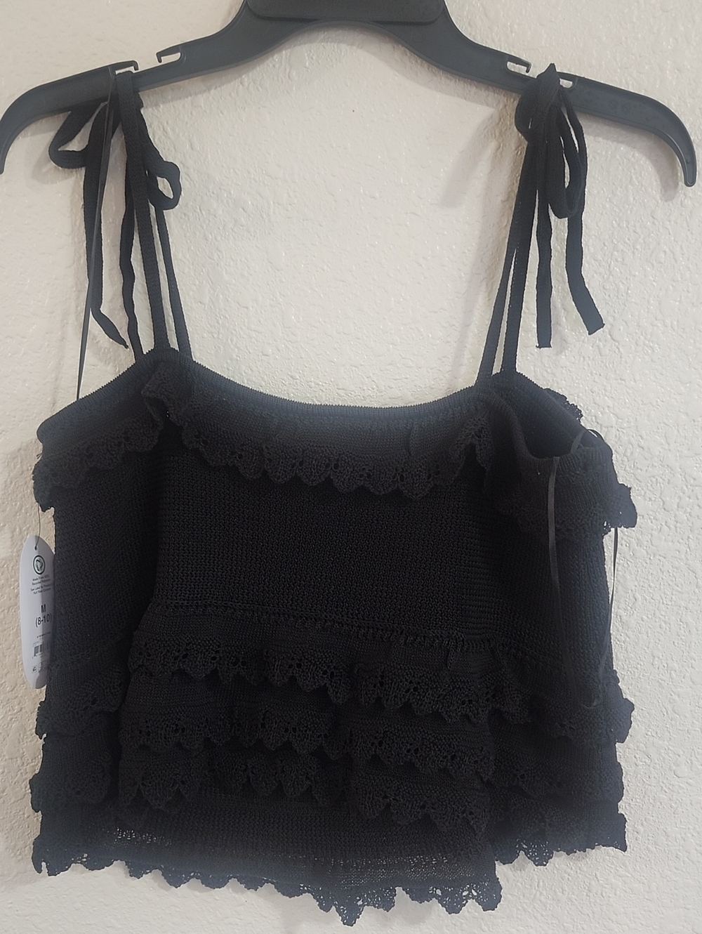 Tie-Shoulder Black Crochet Ruffle Camisole